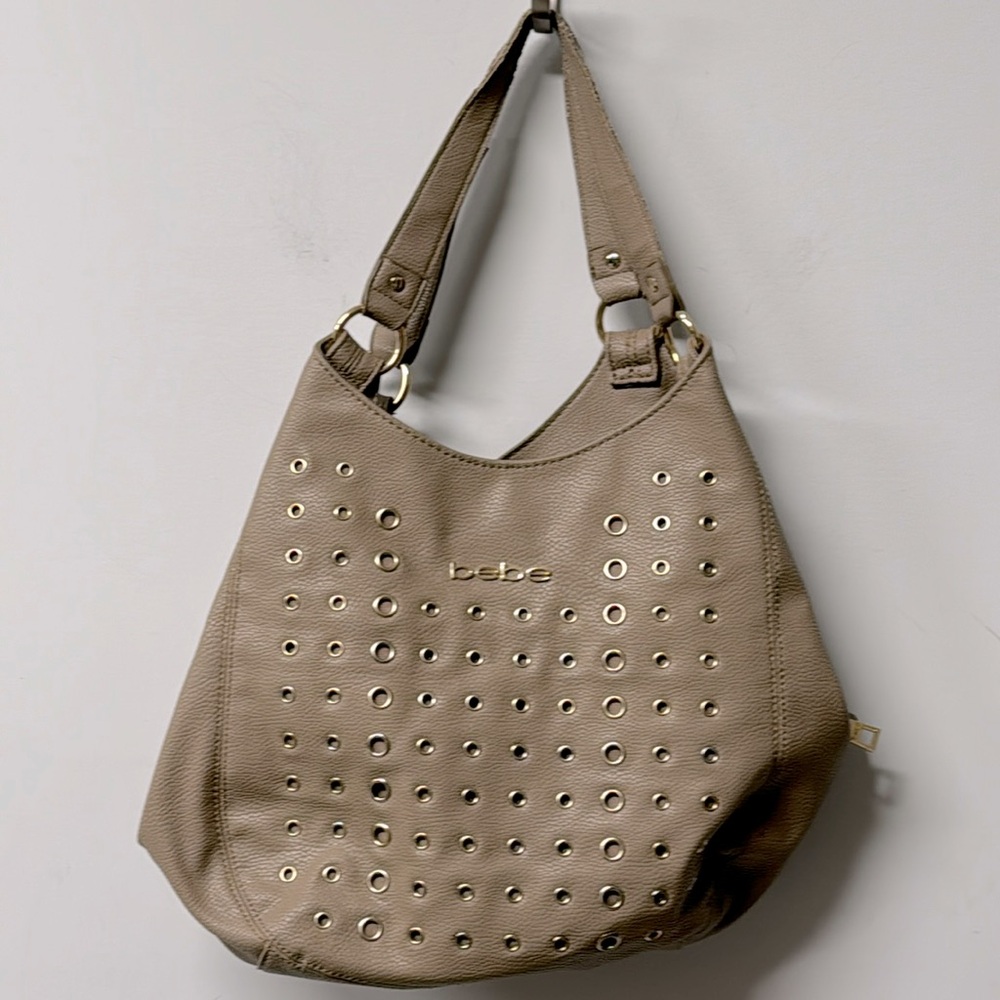 BEBE Large Hobo Shoulder Bag Tan Three Compartments one zipper and two snap Boho